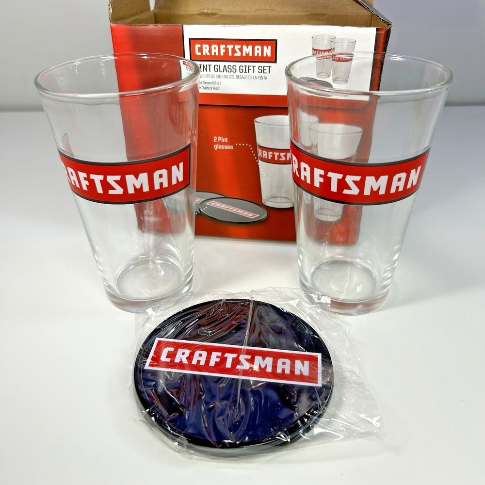 Craftsman Pint Glass Gift Set 2 Glasses 16oz + 2 Tin Coasters Bar Beer Set w/Box